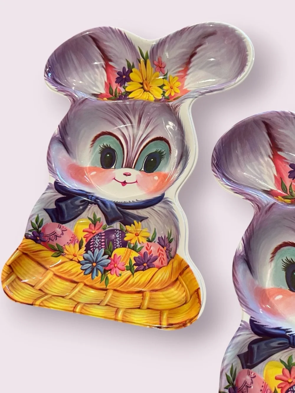 Vintage Plastic Bunny-Shaped Serving Dishes with Floral Basket Motif Easter